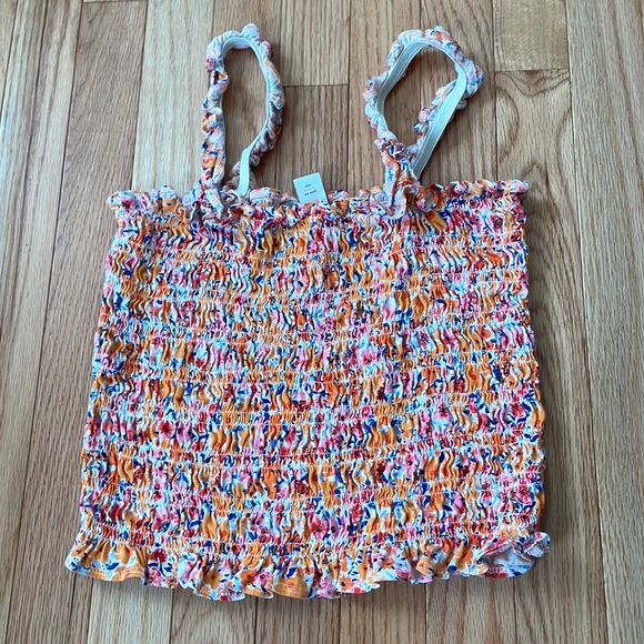 Old Navy Crop Top Womens Small Floral Print Pink Orange Smocked Sleeveless Ladie - Picture 1 of 5
